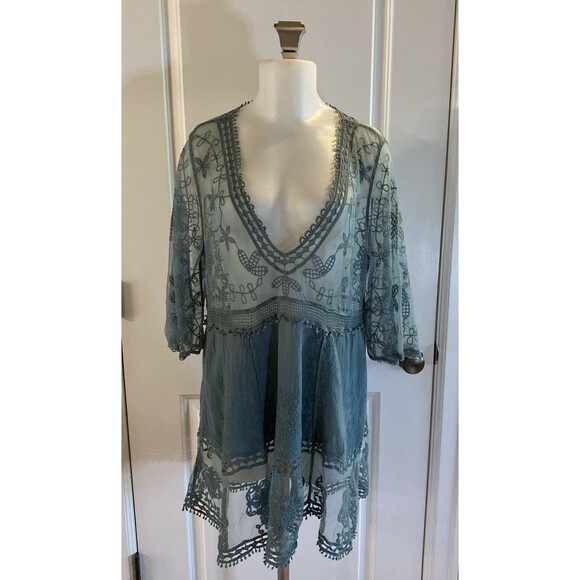 Womens Green Lace Swimsuit Coverup Embroidered V-Neck Eomenie One Size Dress Top - Picture 2 of 12